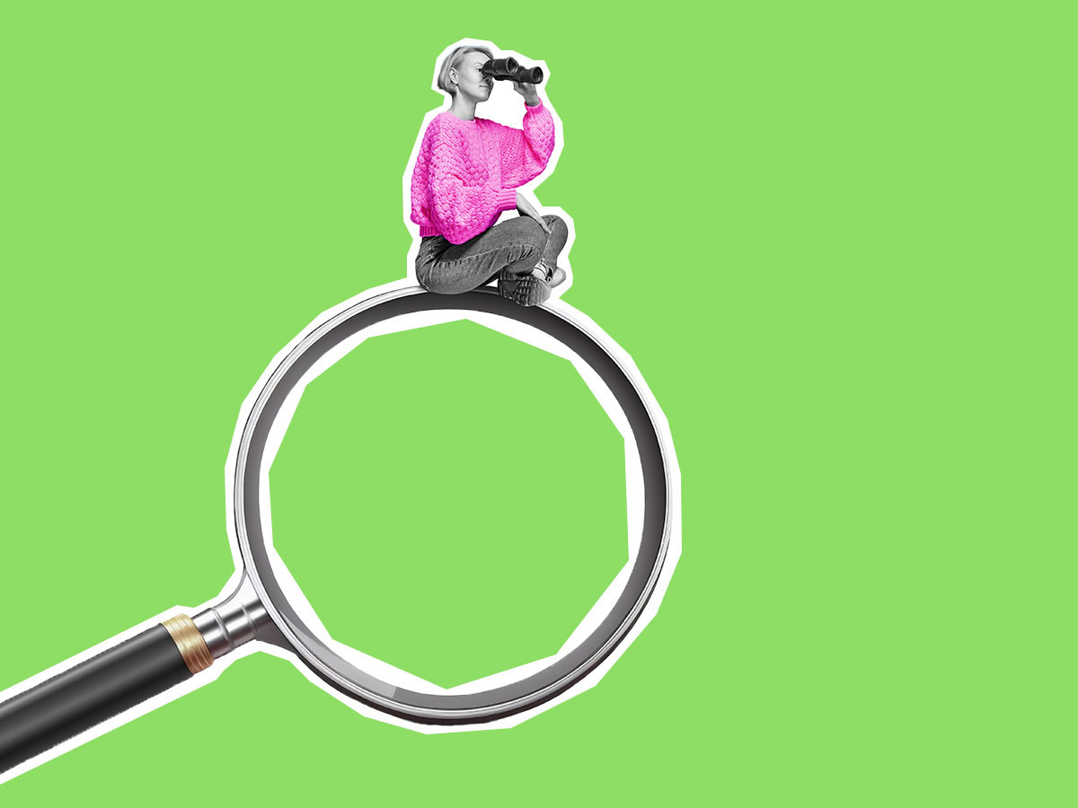 Collage image of woman sitting on a large magnifying glass looking through binoculars