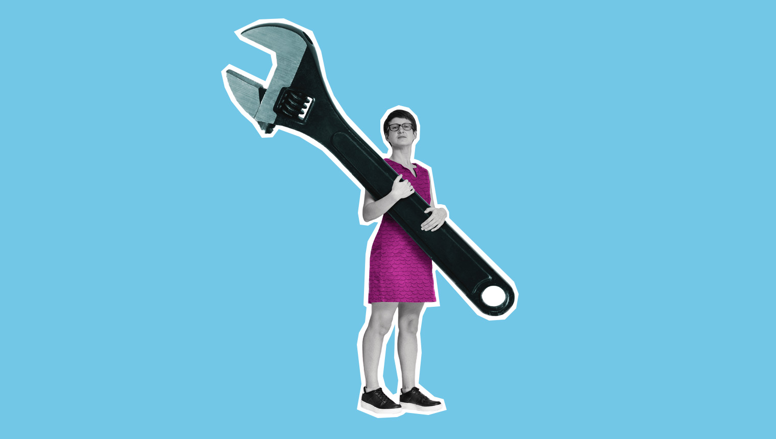 Collage image of woman holding a large wrench