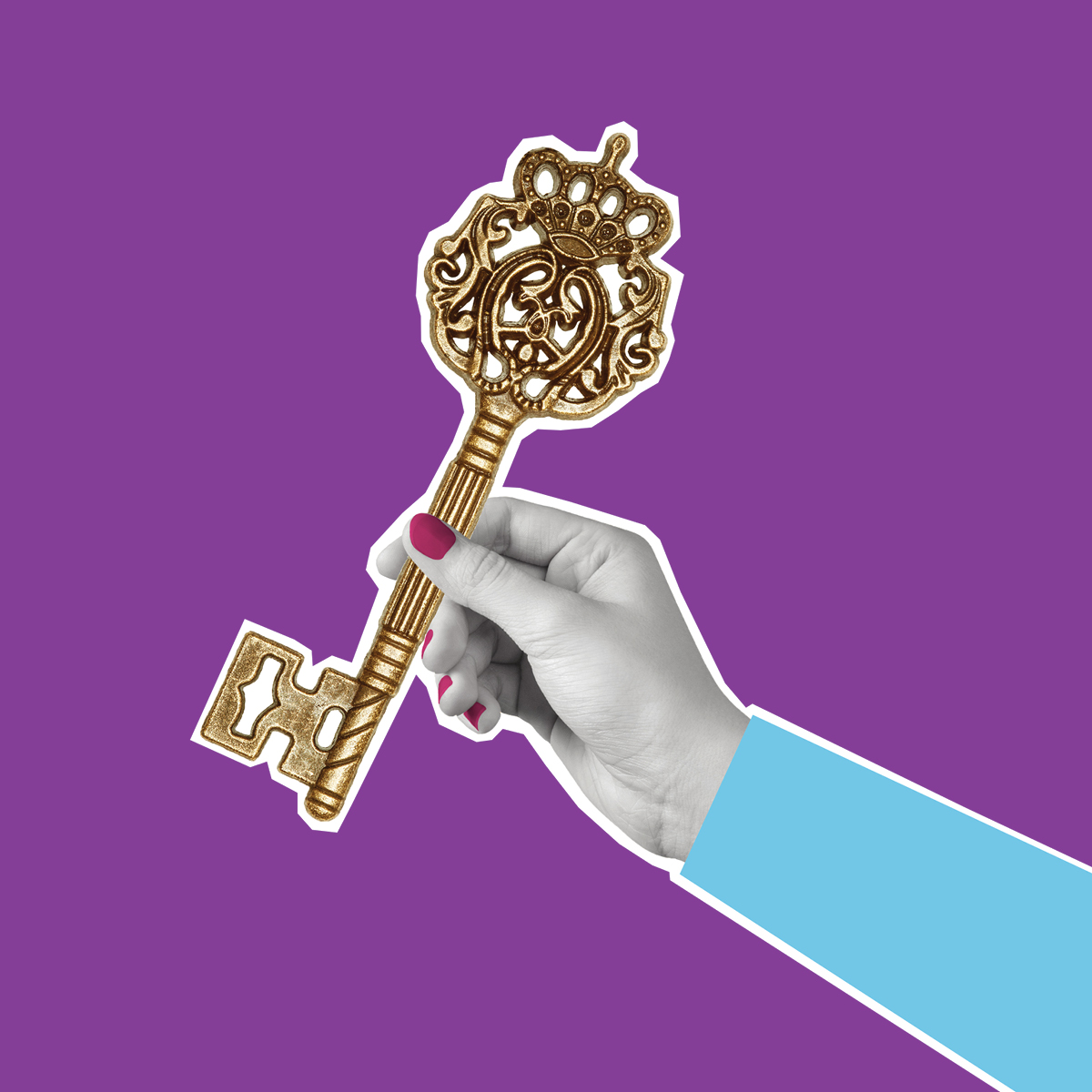 Collage image of a hand holding a large gold key