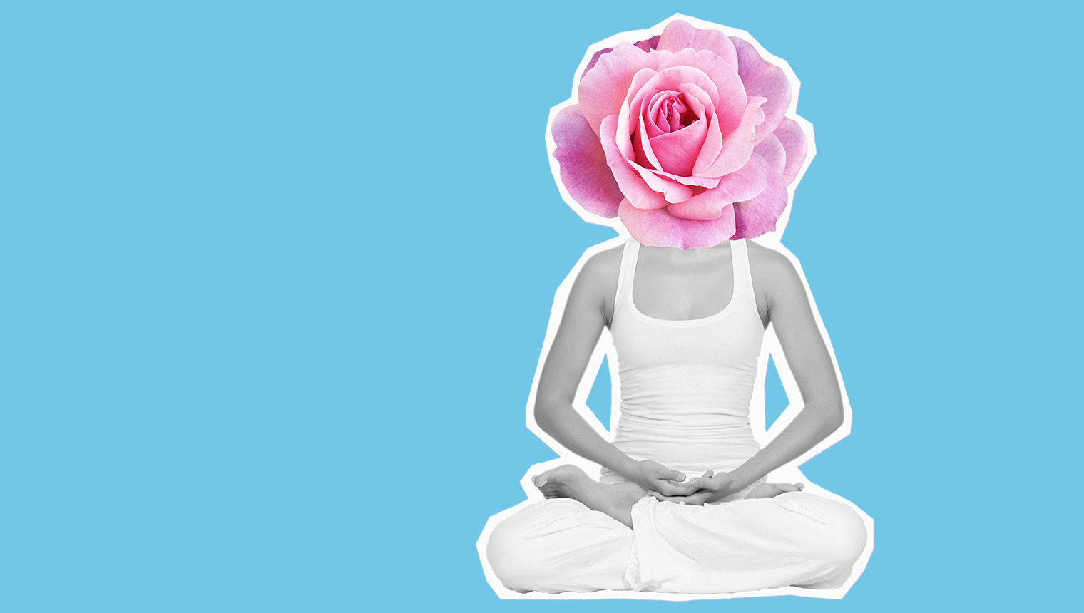 Collage image of woman with a rose for a head sitting in a yoga pose