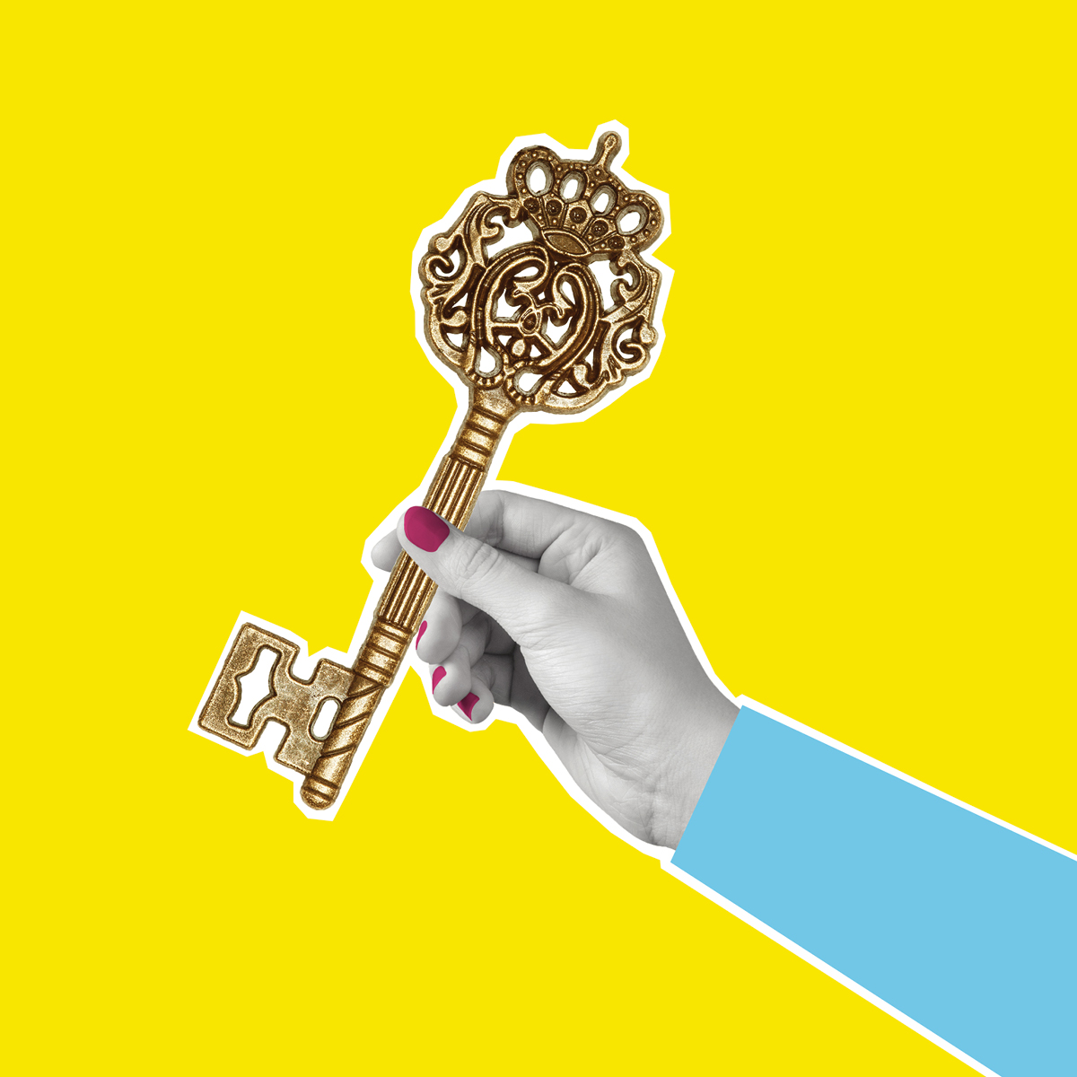 Collage image of a hand holding a large gold key