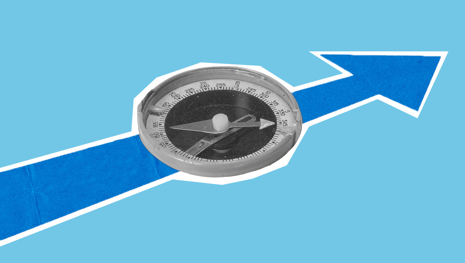 Collage image of a compass sitting on a blue arrow