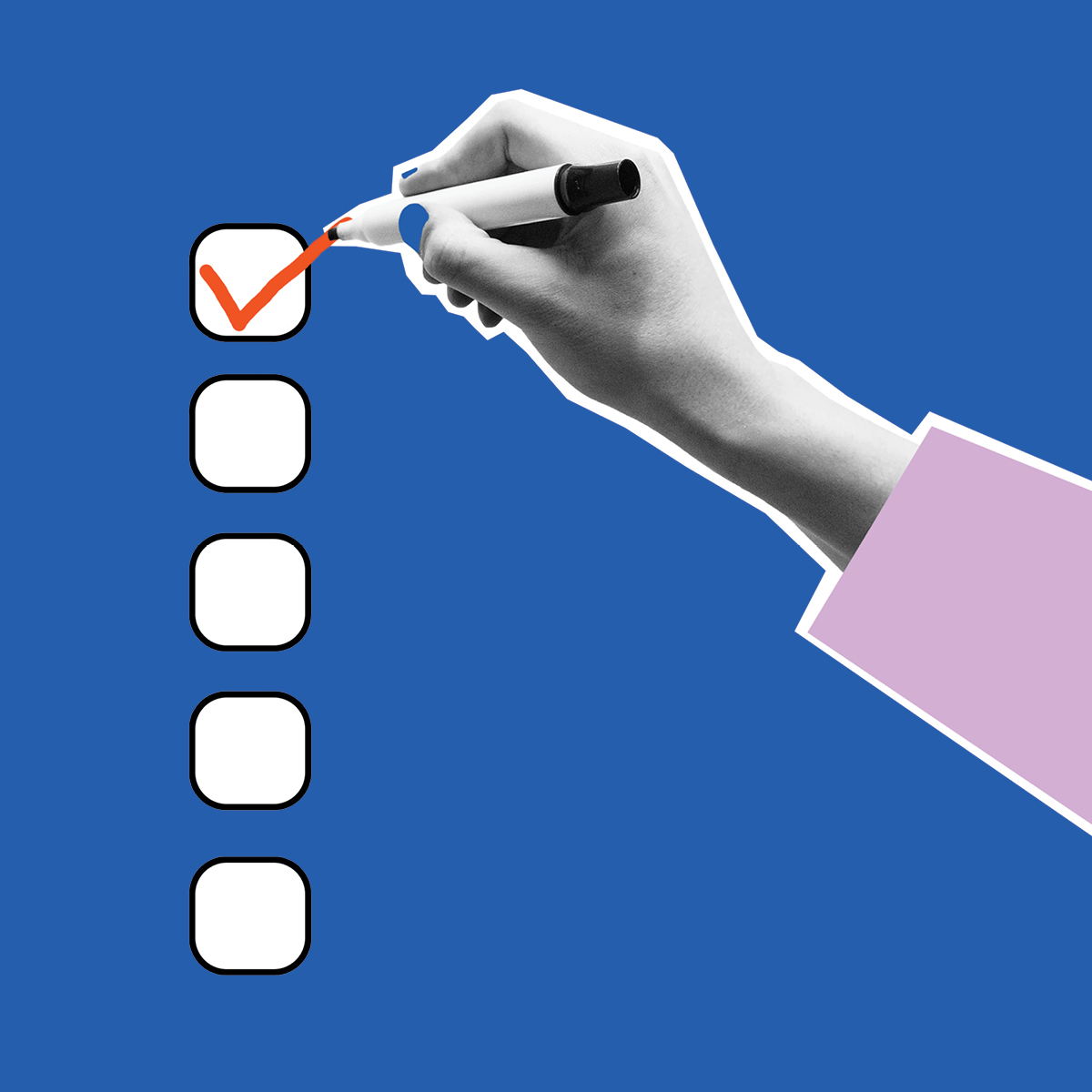 Collage image of a hand holding a magic marker ticking a box on a checklist