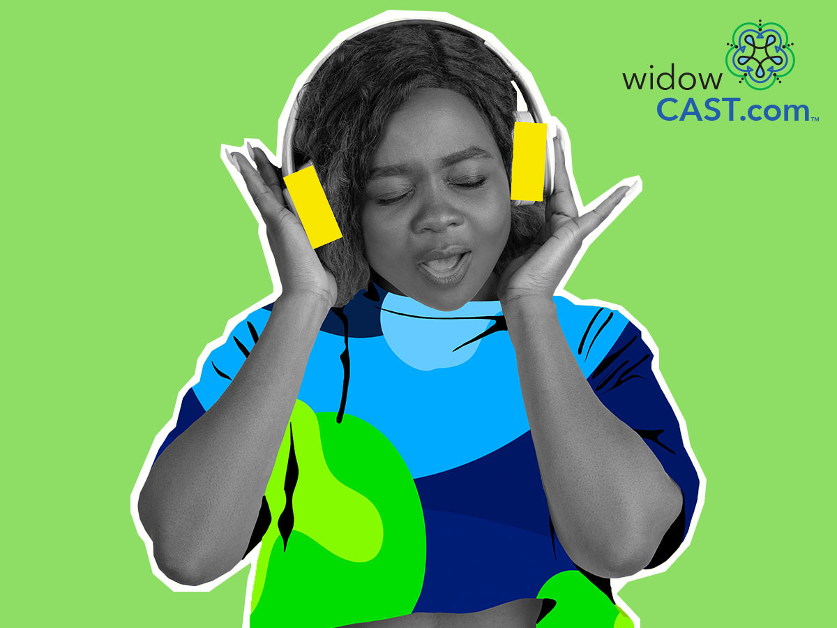 Woman with headphones on listening to Widowcast podcast